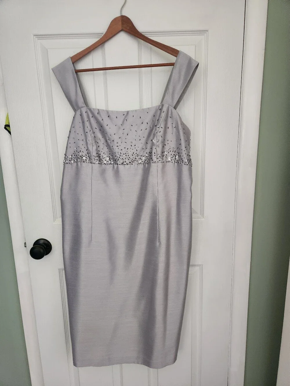David's Bridal Silver Beaded Midi Dress